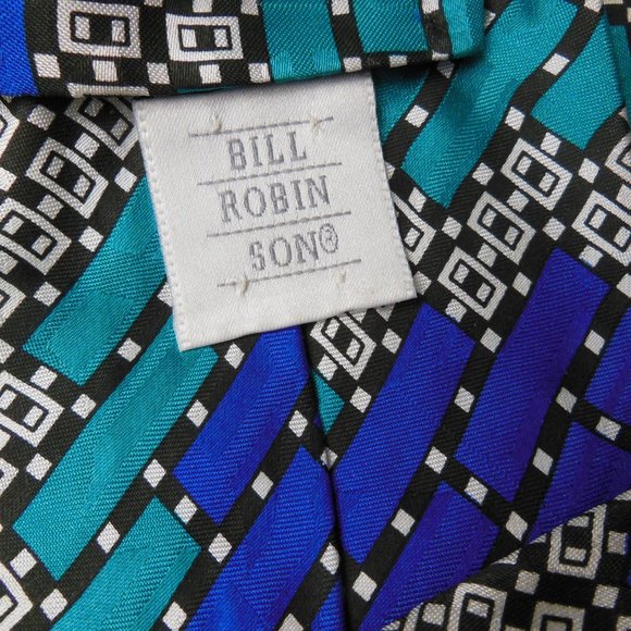 Men’s Silk Tie, wide blue necktie, 4 in. bold print tie, blue geo print silk tie - Picture 3 of 5